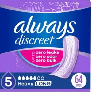 Always Discreet Incontinence Pads 5 Drop Heavy Long Length Full Box Of 64 Pads!